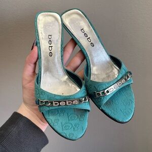 BEBE Y2K blue & silver slip on rhinestone logo small heels